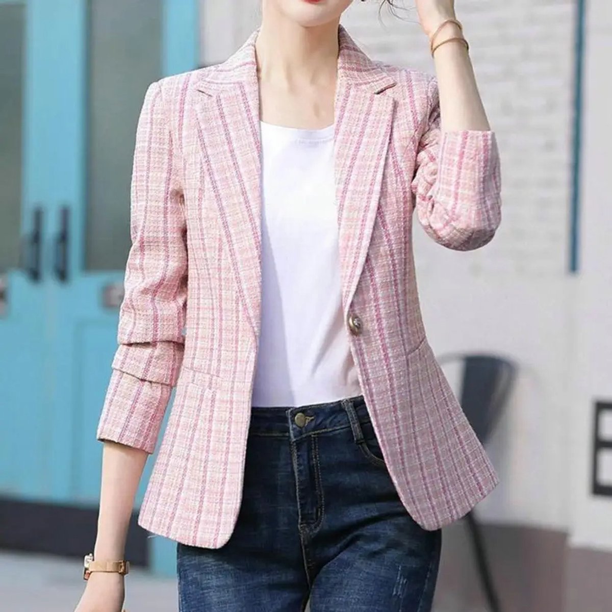 Women's Tailored Blazer Jacket Plaid Single-Button Fit Stylish Layering