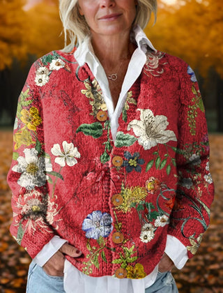 Women's Vintage Floral Knit Cardigan Button-Front Long Sleeve Casual
