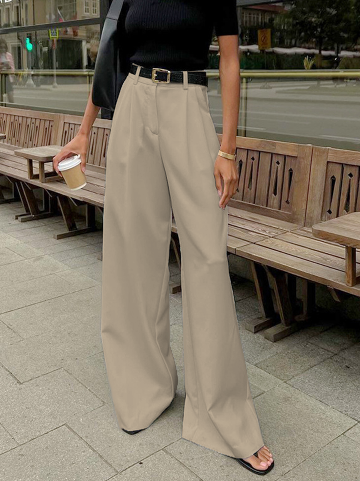 Women's Pleated Wide-Leg Pants High-Waisted Casual Everyday with Pockets