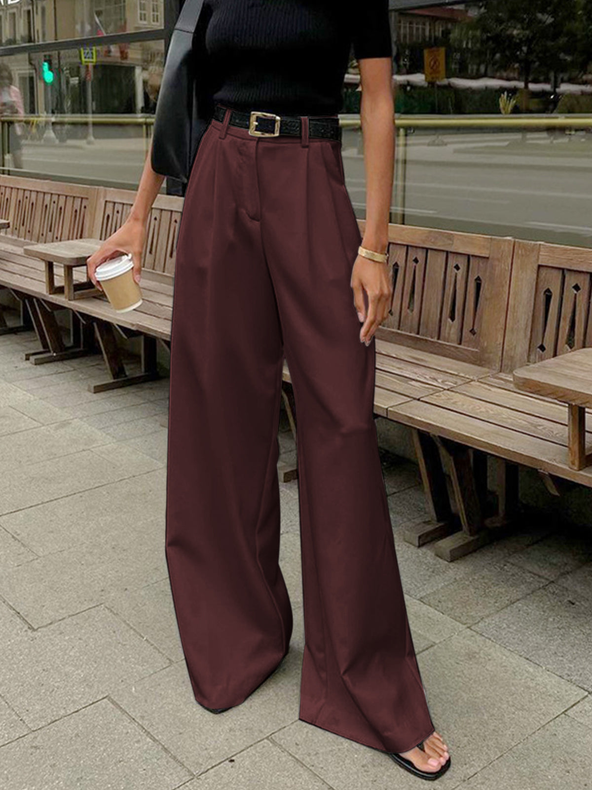Women's Pleated Wide-Leg Pants High-Waisted Casual Everyday with Pockets