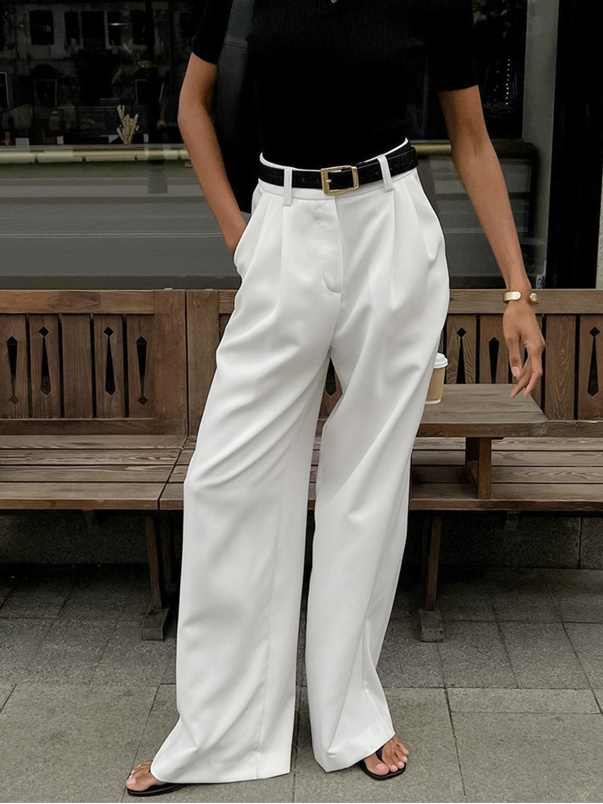 Women's Pleated Wide-Leg Pants High-Waisted Casual Everyday with Pockets