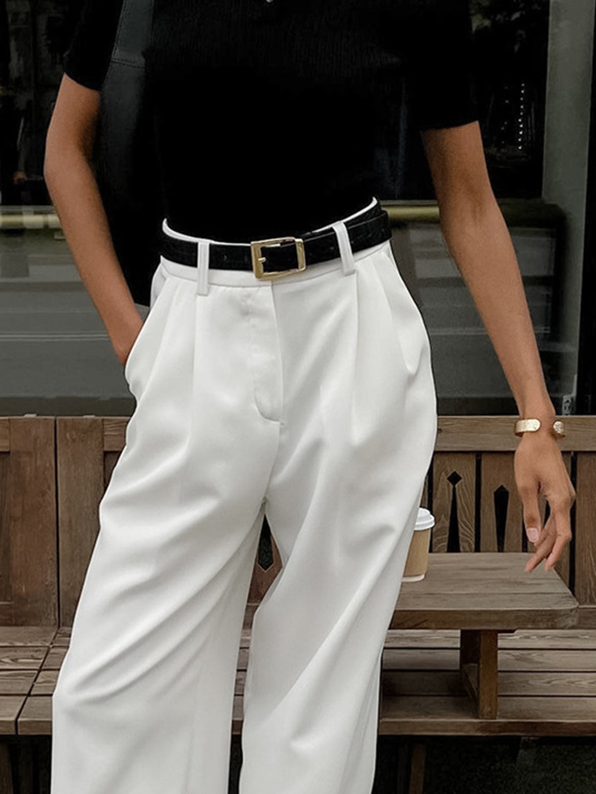 Women's Pleated Wide-Leg Pants High-Waisted Casual Everyday with Pockets