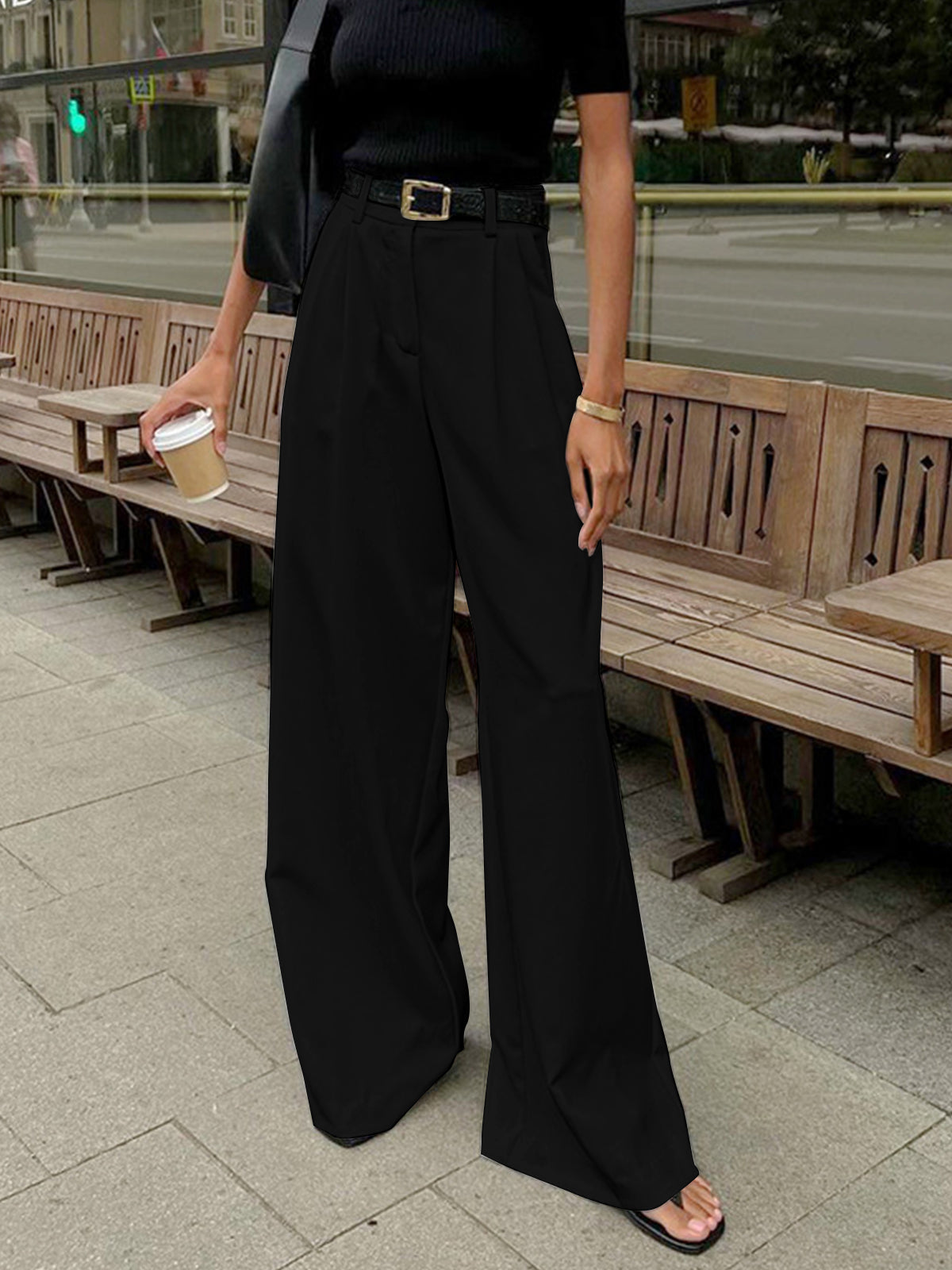 Women's Pleated Wide-Leg Pants High-Waisted Casual Everyday with Pockets